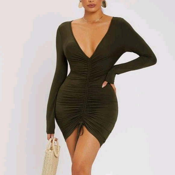 Army Green Ruched Drawstring Dress - Picture 2 of 5